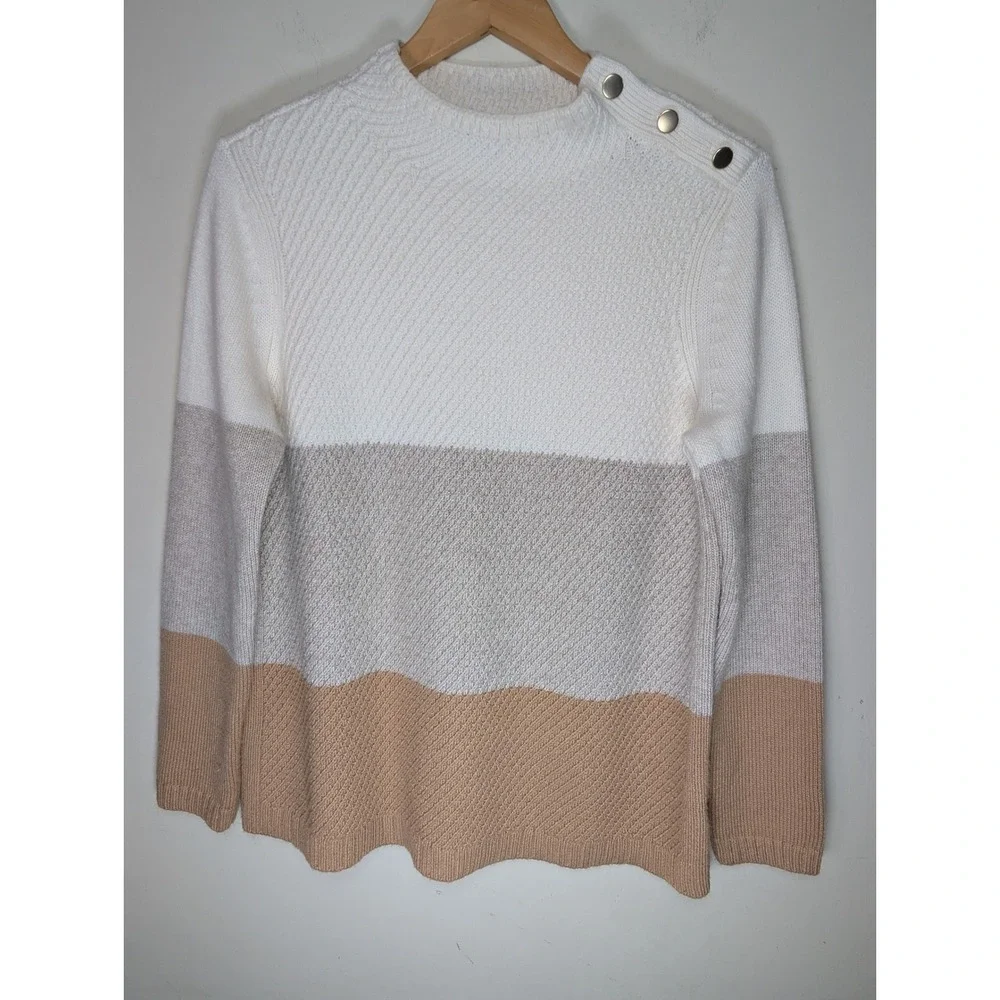 Talbots Womens Medium Colorblock Sweater Neutral Button‎ Shoulder Textured Knit